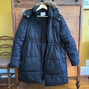 Maternity Black Puffer Coat with Faux Fur Hood